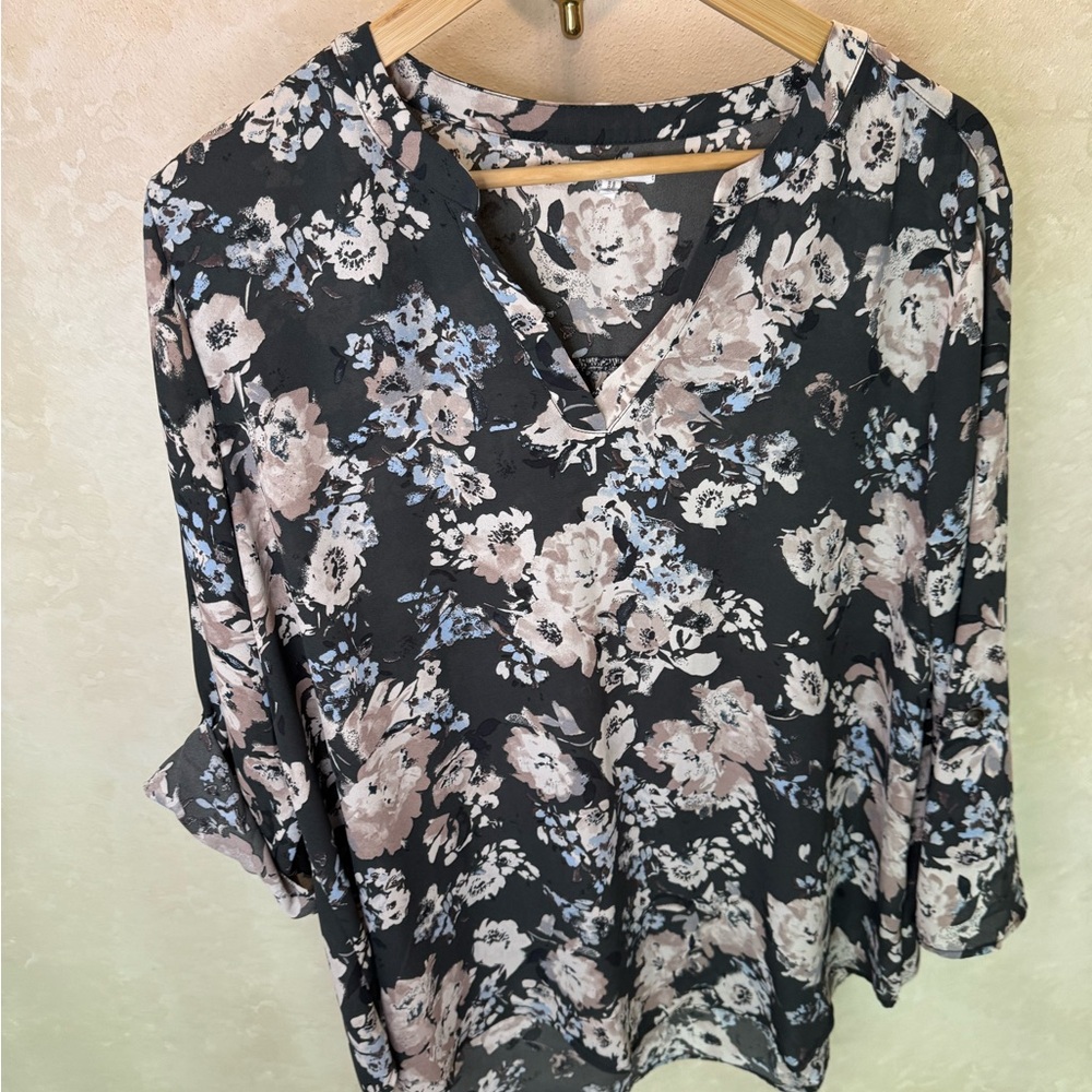 Maurices Floral V-Neck Blouse — Black with Cream & Light Blue Flowers